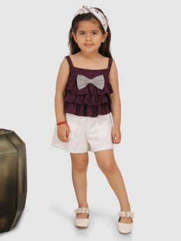 Jelly Jones frill top emblished with toros Bow  top &amp; Short-Wine/White-3-4 Years