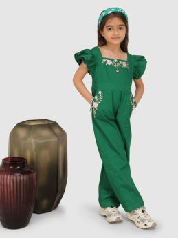 Jelly Jones Embroidery on neck and pocket of the bottom Jumpsuit  -Green 