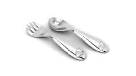 Sterling Silver-Silver Plated Baby Spoon & Fork Set - Cute Piggy