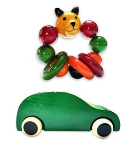 Lil Amigos Nest Channapatna Wooden Toys ( 1 Years+) Multicolor - Improves Hand Eye Coordination & Sound Skills Race Car & Bear Head Rattle Toys Set Pack of 2 (Green Color)