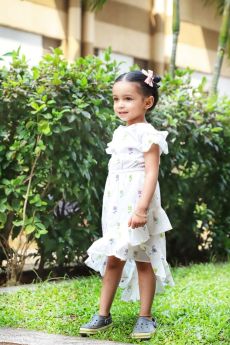 Myra Miracles-Long Ruffle Cotton Dress - White Floral-1-2 Years