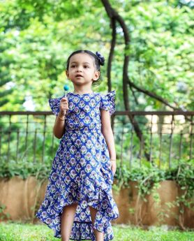 Myra Miracles-Long Ruffle Cotton Dress - Blue Floral-1-2 Years