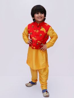 Tutus by Tutu-Yellow Kurta Pyjama with Red Embroided Jacket