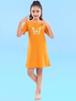Funkrafts Girls Full Sleeves 100% Cotton Night Dress - Mustard