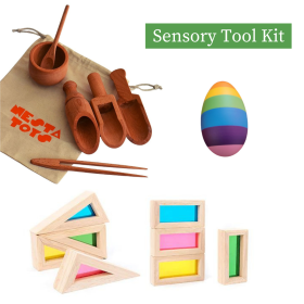NESTA TOYS Sensory Tool Kit - Sensory Bin Tools, Egg Shaker, Rainbow Blocks (6+ Months)