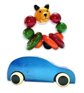 Lil Amigos Nest Channapatna Wooden Toys ( 1 Years+) Multicolor - Improves Hand Eye Coordination & Sound Skills Race Car & Bear Head Rattle Toys Set Pack of 2 (Blue Color)
