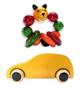 Lil Amigos Nest Channapatna Wooden Toys ( 1 Years+) Multicolor - Improves Hand Eye Coordination & Sound Skills Race Car & Bear Head Rattle Toys Set Pack of 2 (Yollow Color)