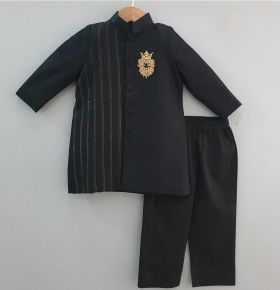 Kiddorama-Lion king embroidered black sherwani with pyjama