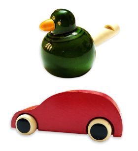 Lil Amigos Nest Channapatna Wooden Toys ( 1 Years+) Multicolor - Improves Hand Eye Coordination & Sound Skills Race Car & Bird Whistler Toys Set Pack of 2 (Red & Green)