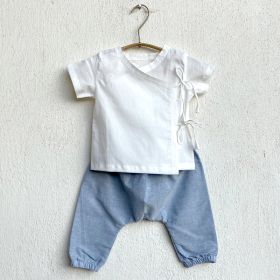 WHITEWATER KIDS UNISEX ORGANIC ESSENTIAL WHITE ANGRAKHA TOP + BLUE CHAMBRAY PANTS