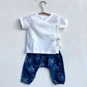 whitewater kids unisex organic white angrakha top+zoo print indigo pants