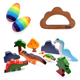 NESTATOYS-Wooden Dinosaur Blocks, Egg Shaker (Rattle) & Teether - Baby Shower Gift| Newborn Toy