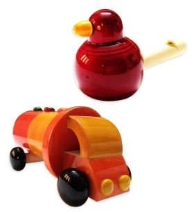 Lil Amigos Nest Channapatna Wooden Toys ( 1 Years+) Multicolor - Improves Hand Eye Coordination & Sound Skills Bird Whistler & Oil Tanker Toys Set Pack of 2 (Red Color)